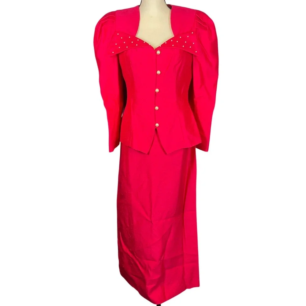 Vintage 80s Hot Pink Maxi Skirt Suit Set S/M Hot Pink Pearl Puff Sleeve USA Glam